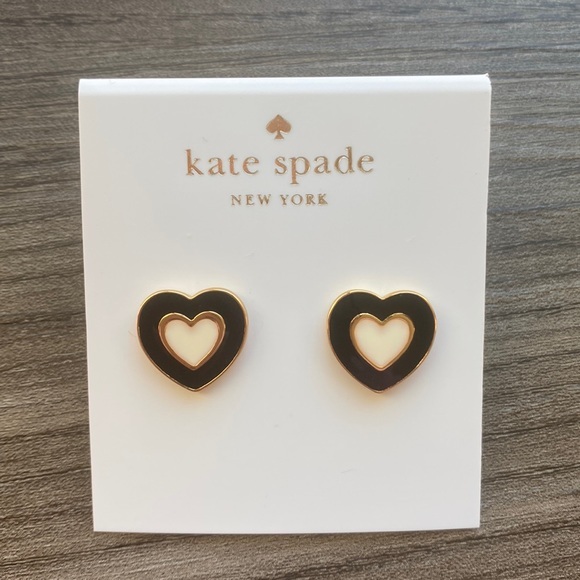 kate spade Jewelry - Kate Spade Enamel Black & White Enamel Heart Gold Tone Stud Earrings‎